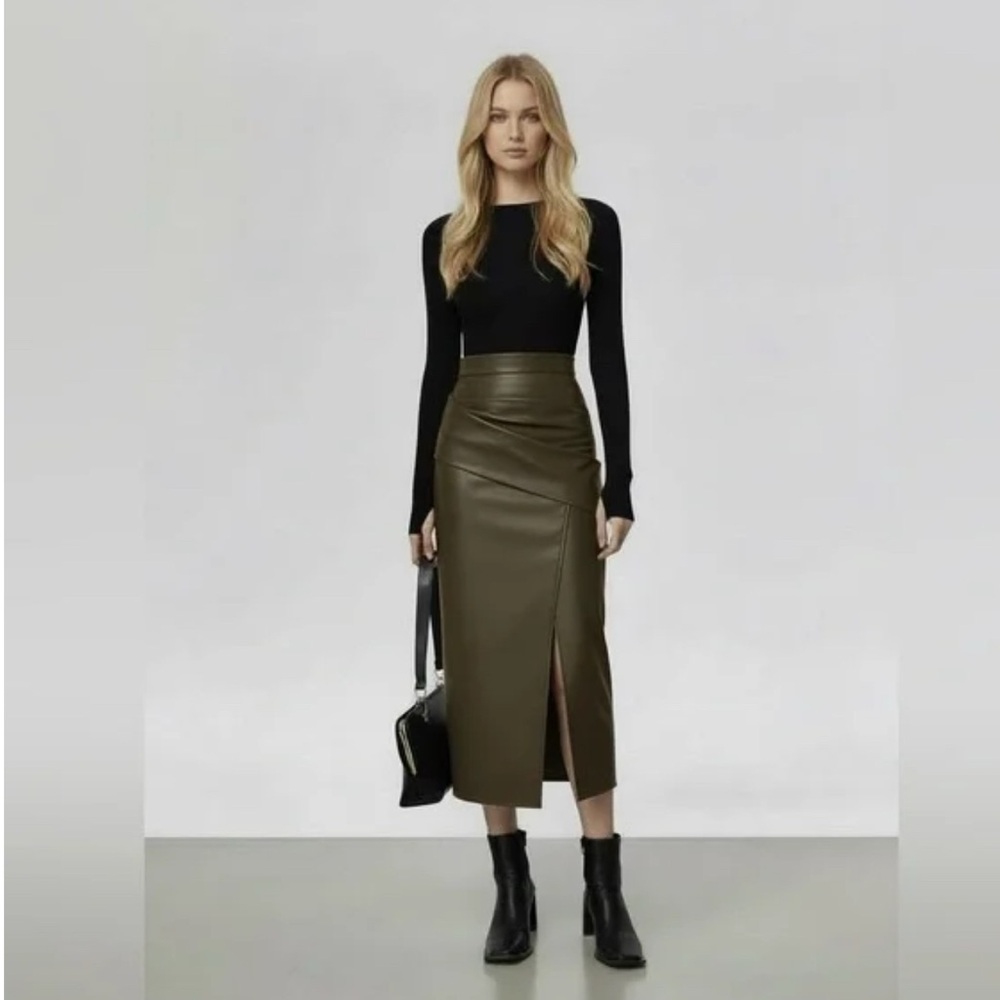 Commense Ruched Slit PU Leather Midi Skirt size XL